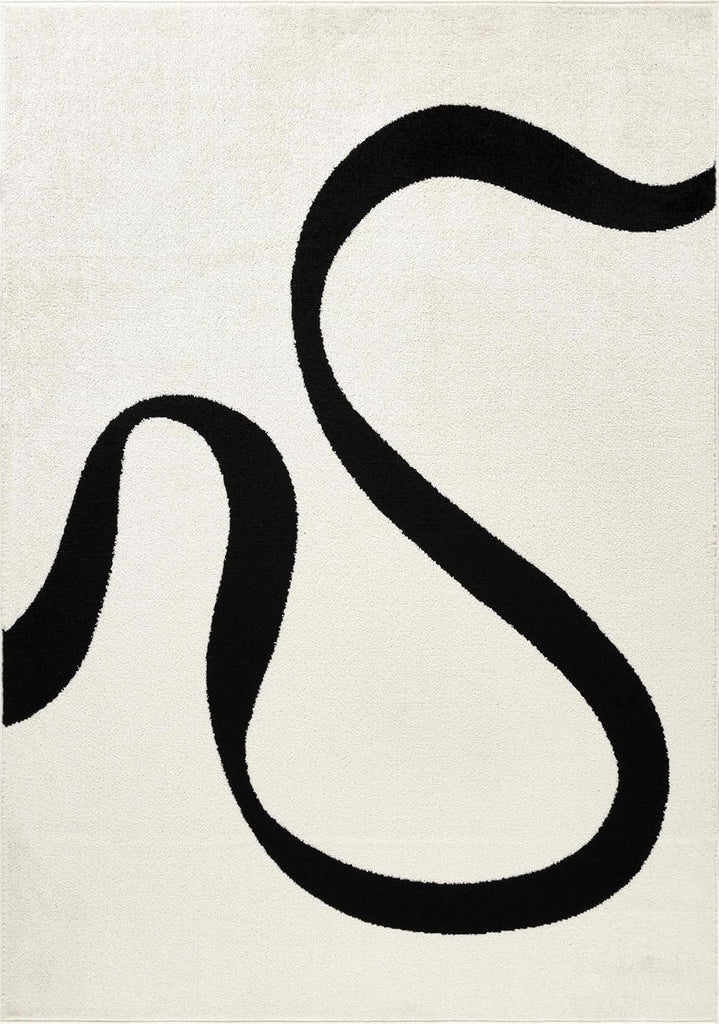 5x8 Black and Cream Area Rug | 5' x 8' White Abstract Swirl Wave Carpet | Beige/Ivory Geometric Wave Design |