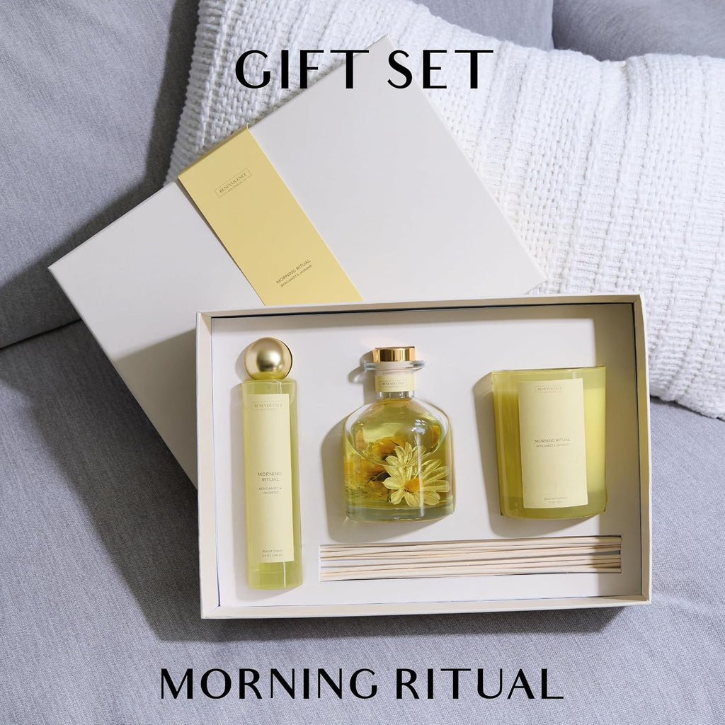 Morning Ritual Gift Box | Candle, Room Spray & Reed Diffuser | Bergamot & Jasmine | Invigorating Home Fragrance - Set of 3