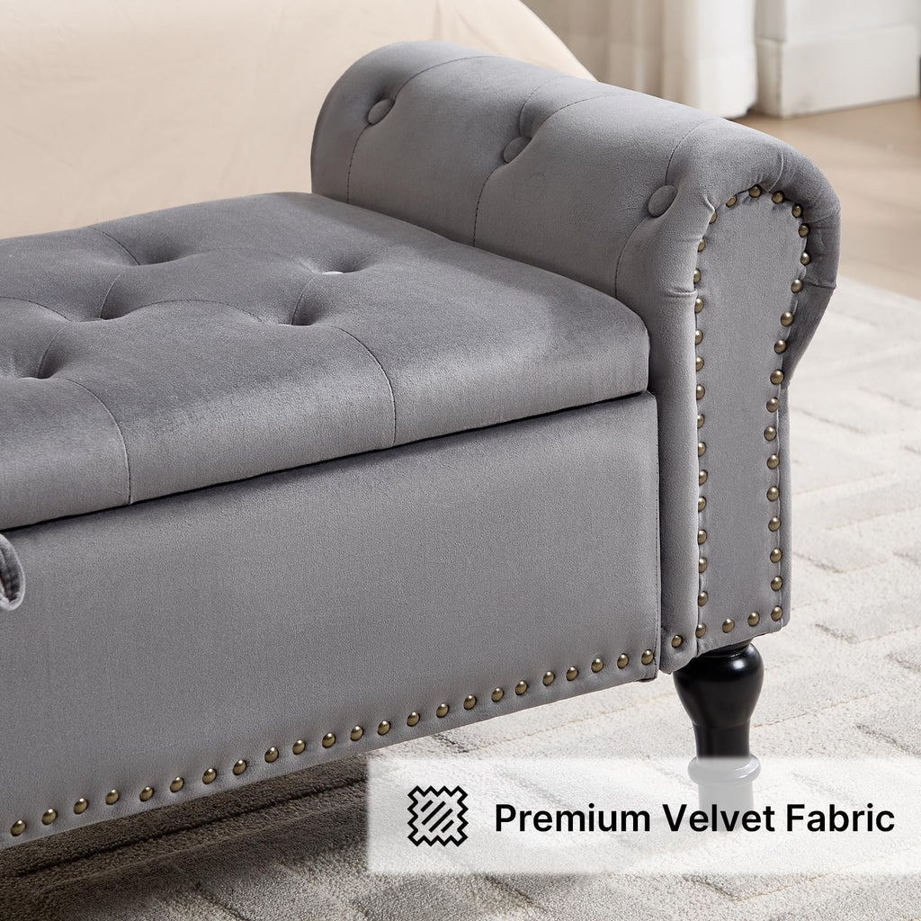 51" Storage Bench, Velvet End of Bed Bench, Queen Size Bench with Rolled Arms, Tufted Storage Ottoman Benches