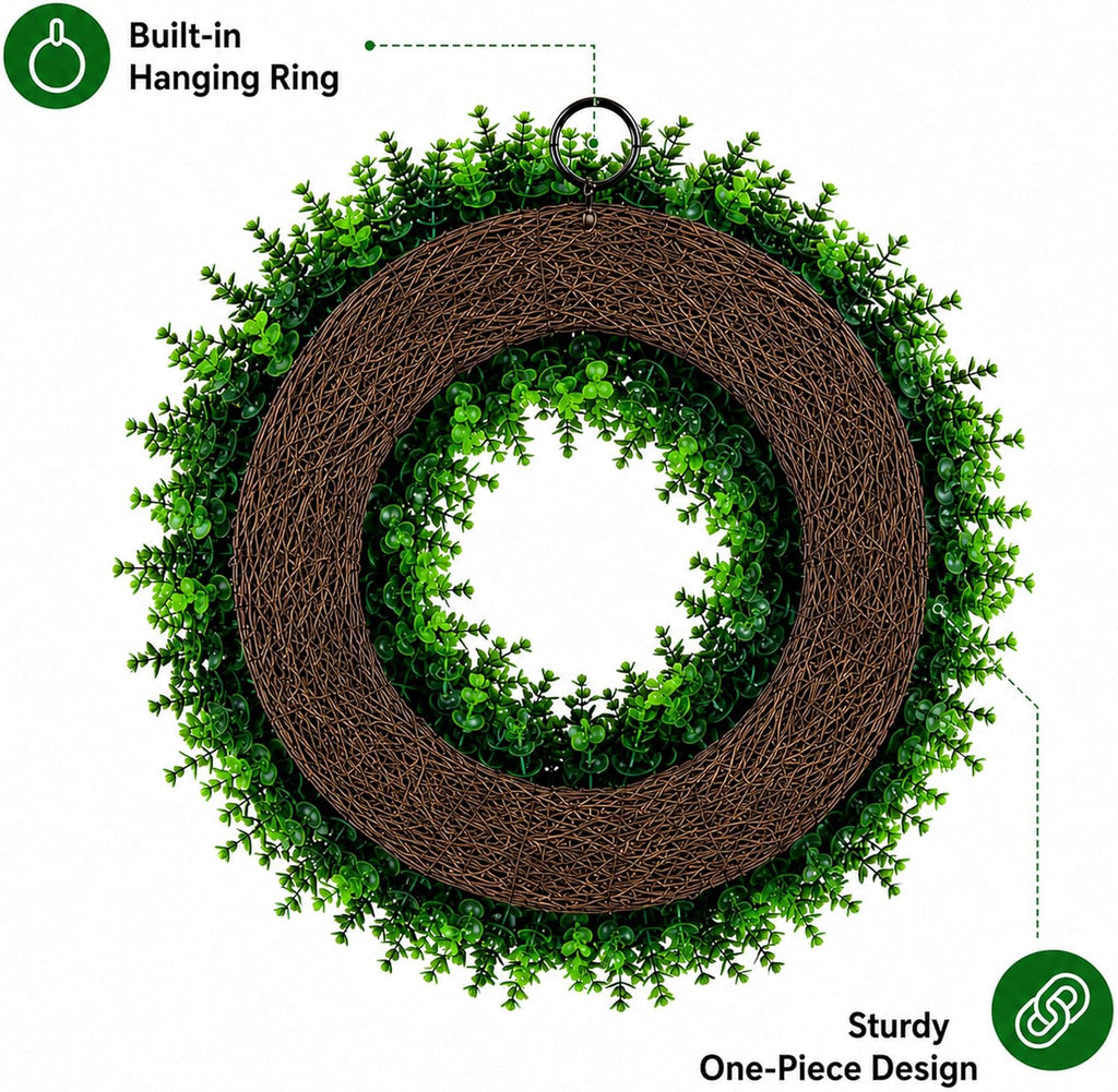 WHANLEY 20 Inch Boxwood Wreath for Front Door with Wooden Welcome Sign, Artificial Greenery Decor, UV Resistant