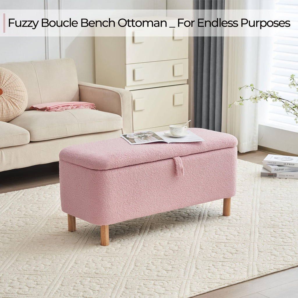 Boucle Storage Ottoman Bench end of Bed, Sherpa Upholstered Shoe Seat Storage Bench Bed Foot, Rectangle Cushion