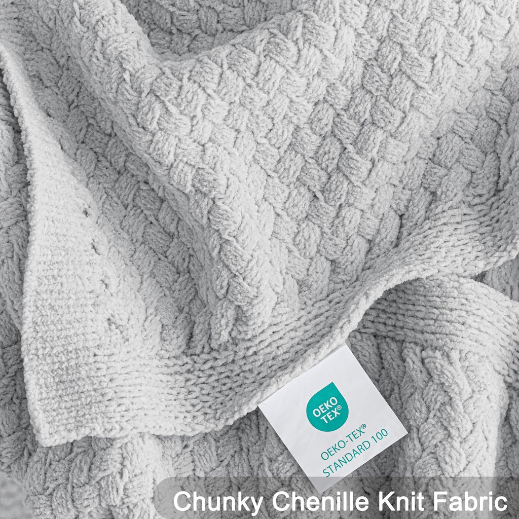 Chunky Knit Chenille Throw Blanket for Couch, Light Grey
