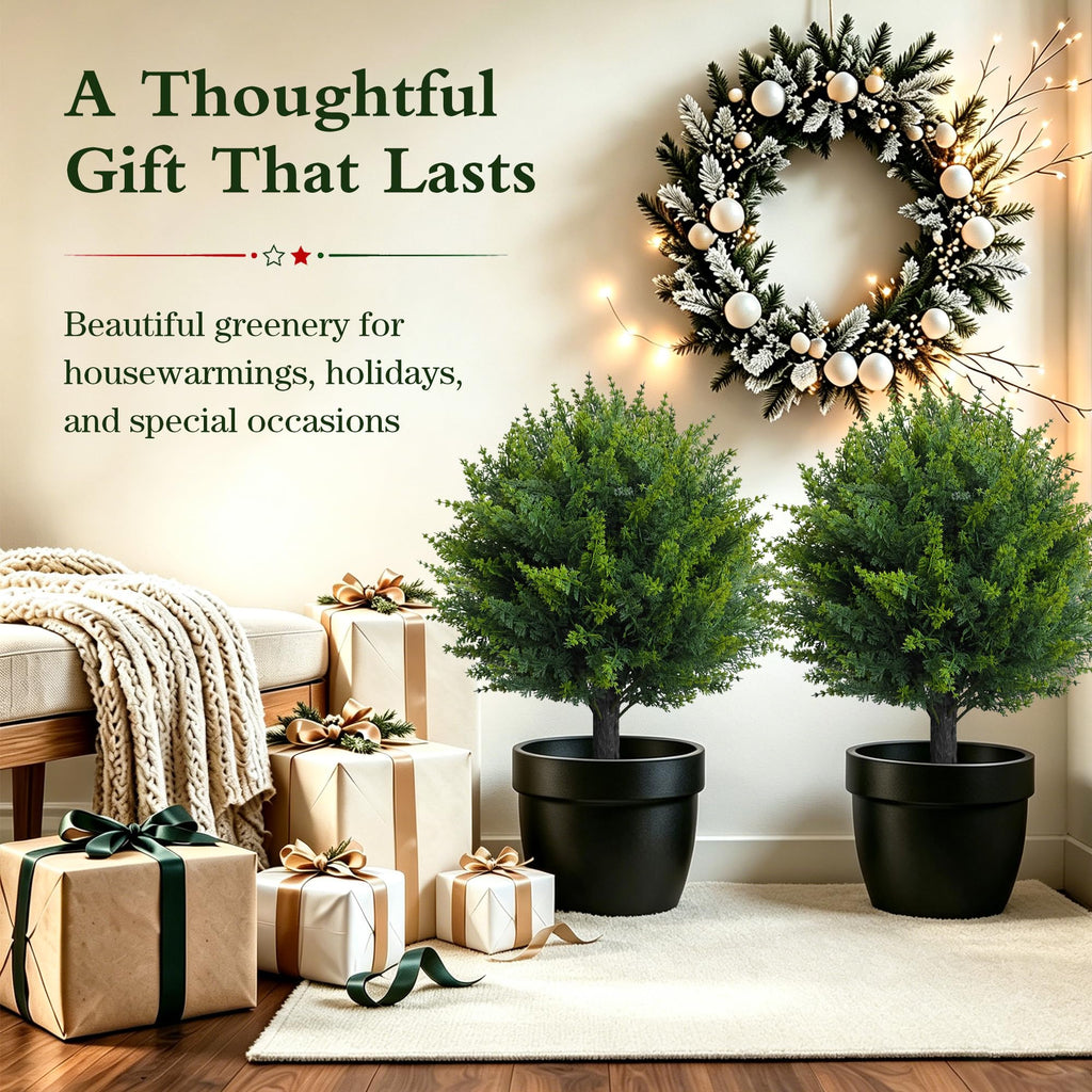 25" Artificial Cedar Topiary Ball Tree, Set of 2 with Ground Spikes, UV Resistant Faux Cypress Plants, Evergreen