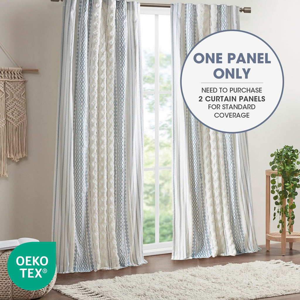 100% Cotton Boho Window Curtain, Single Panel, 50x84 White/Navy