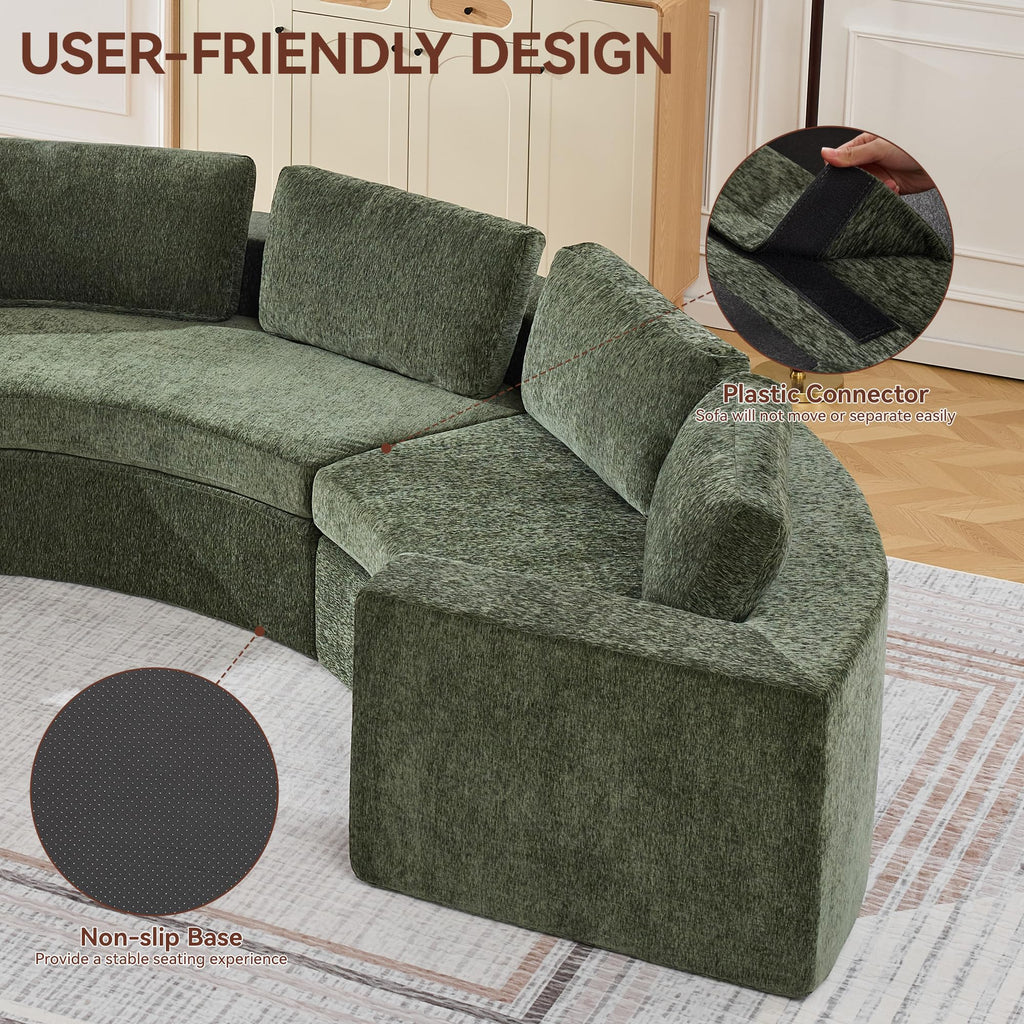 119'' Curved Round Boneless, Oversized Modular Sectional with Deep Seat & Arms, Chenille Memory Foam with Pillows