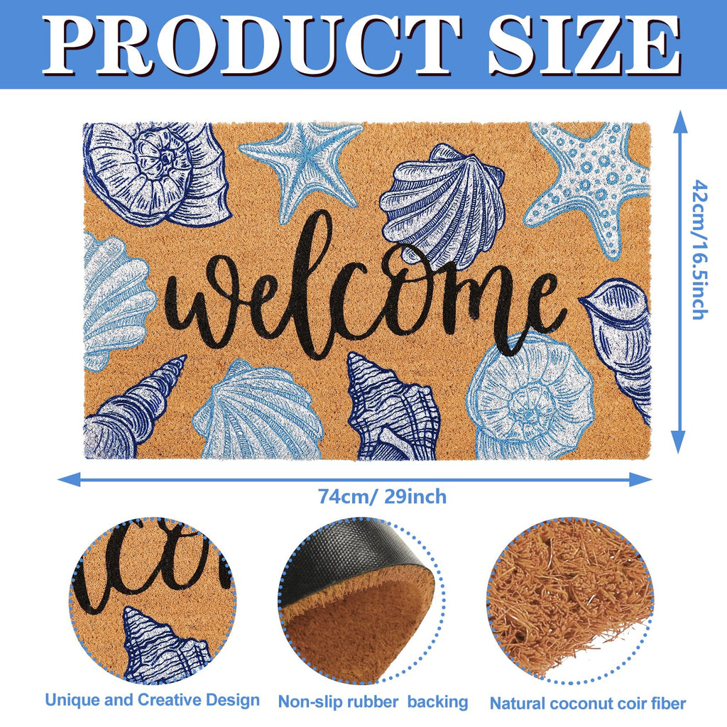 Seashell Beach Doormat Natural Coir Welcome Floor Mat Blue White Coastal Starfish Conch Non-Slip Entrance Door Rug