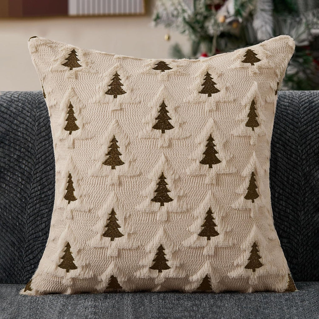 Christmas Pillow Covers 20x20 Beige Brown Xmas Tree Pillow Covers Soft Plush Faux Fur Christmas Decorations - Set of 2