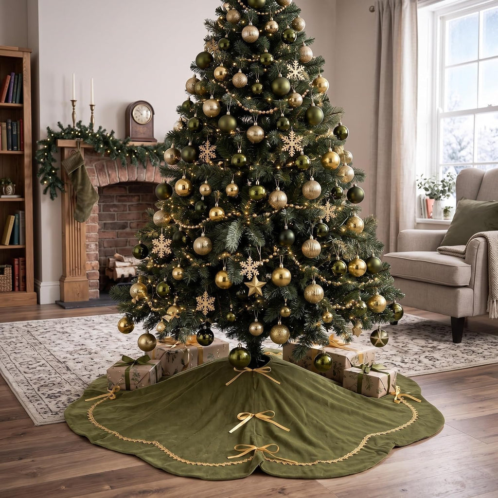 Christmas Tree Skirt 48 Inch Moss Green Velvet Fur Scallop Tree Skirt Sparking Gold Lace Trim for Party Rustic Xmas