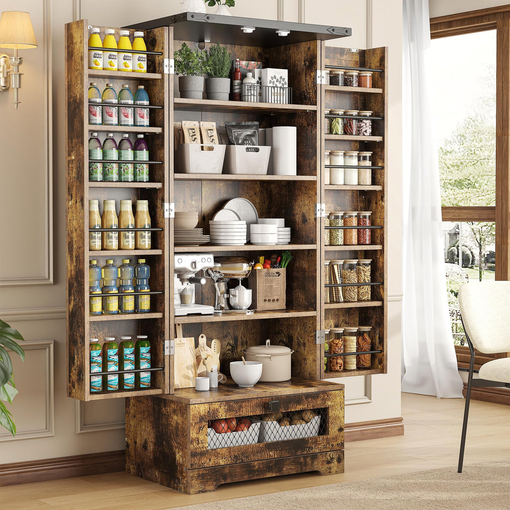 Farmhouse Pantry Cabinet with Adjustable Shelves and Drawer, Kitchen Cabinet Buffet Cupboards Storage Brown