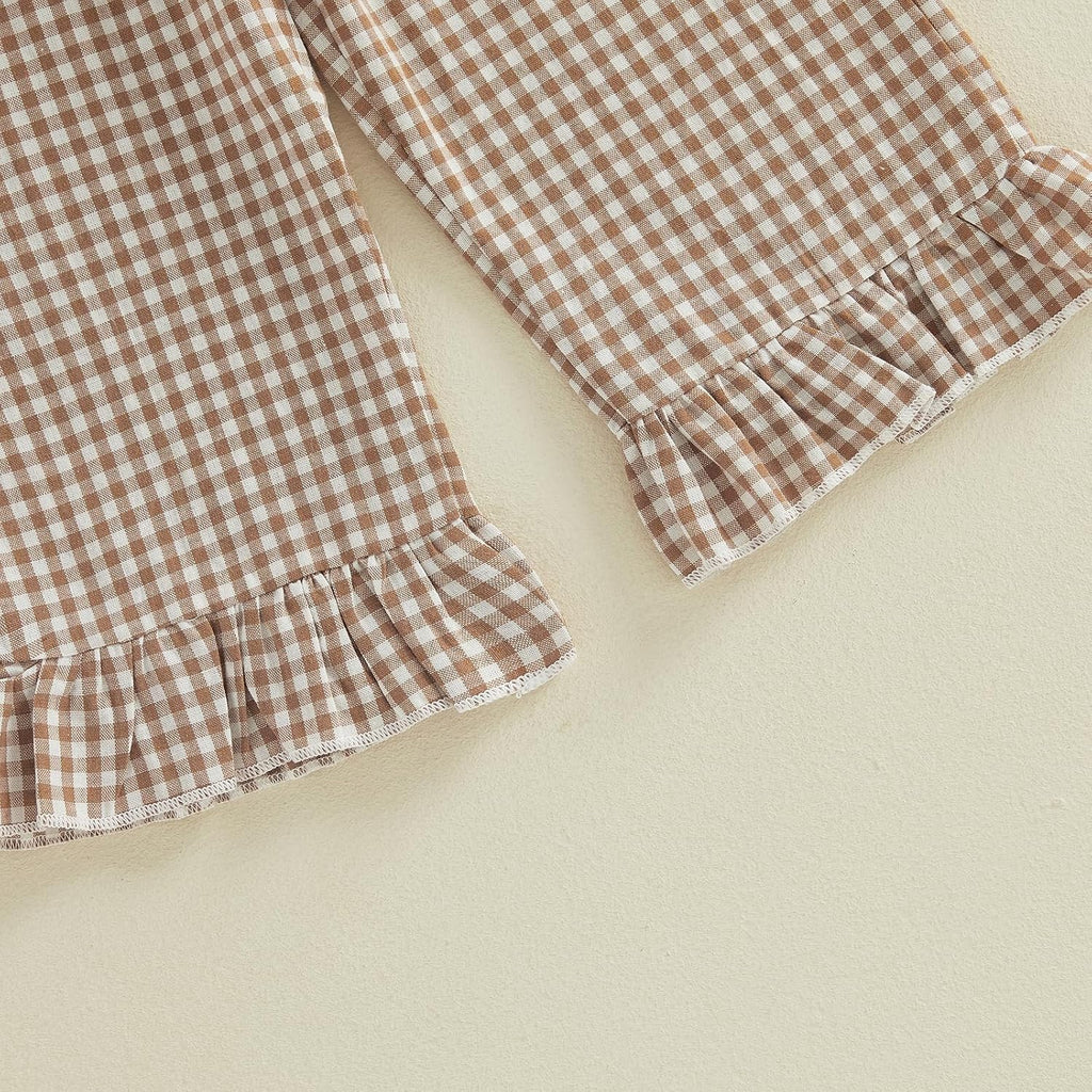Girls Summer Outfits Ruffle Sleeve Button Up Dress Tops Plaid Linen Pants Spring Toddler Girl Clothes