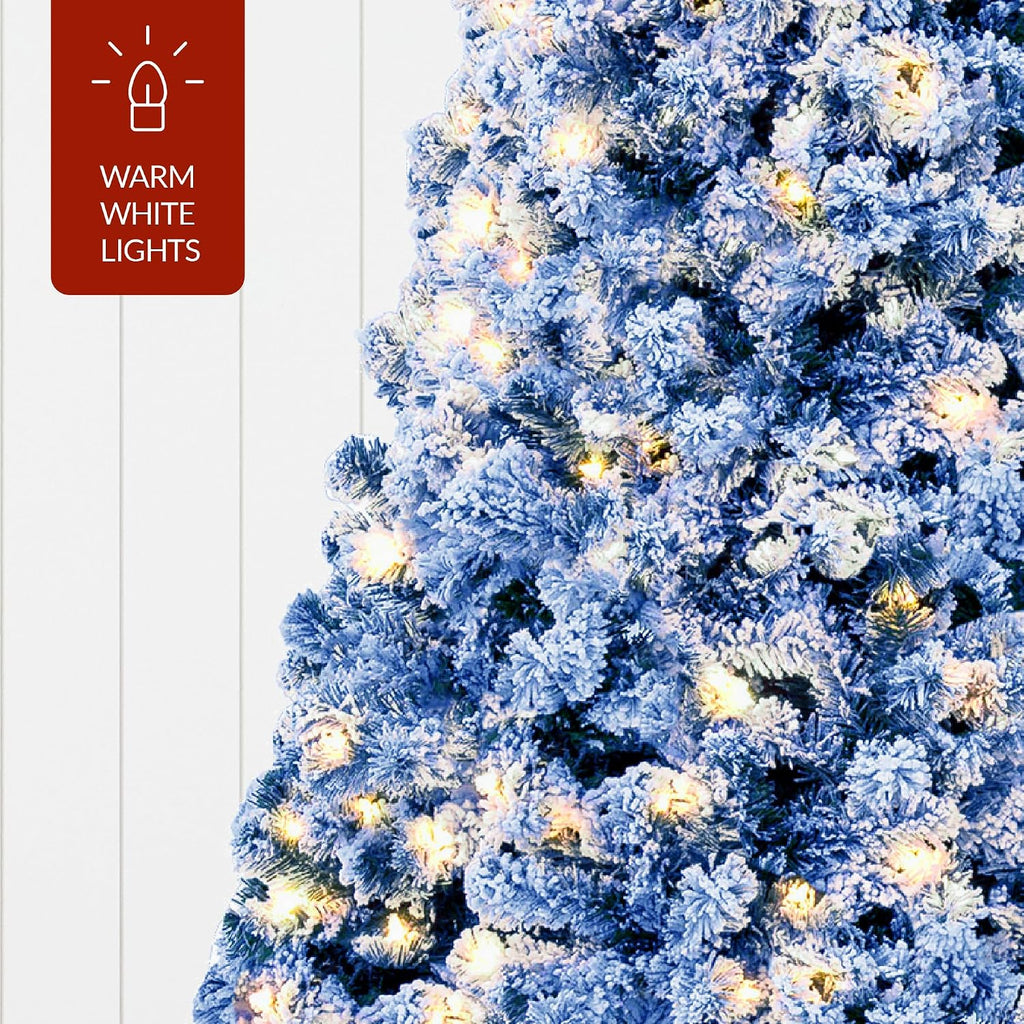 Pre-Lit Blue Christmas Tree, Artificial Flocked Full Fir Tree, Holiday Decoration w/ 900 Lights, 2,094 Branch Tips