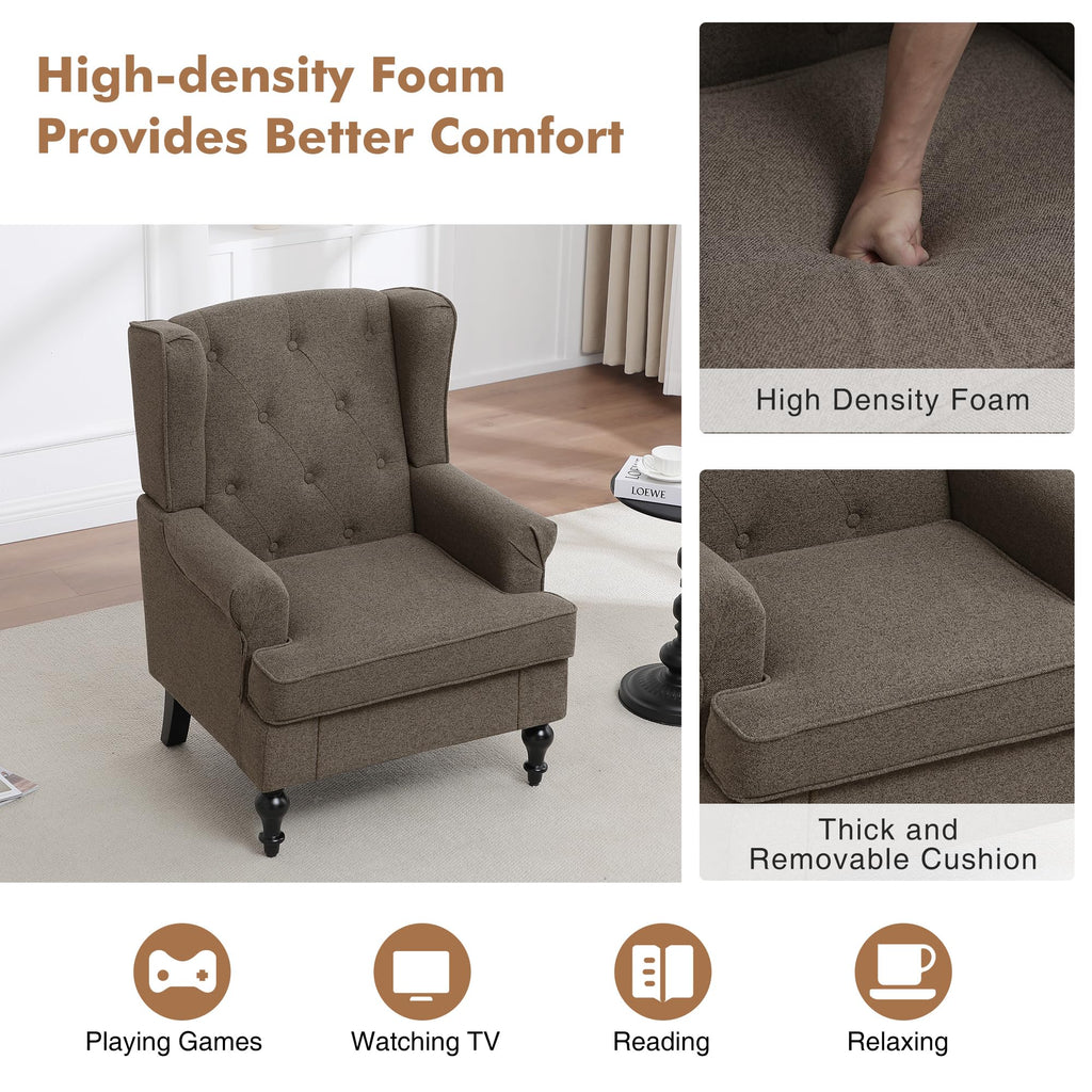 Accent Chair, Mid Century Modern Upholstered Wingback Chair, Armchair with Tufted High Back and Solid Legs, Comfy
