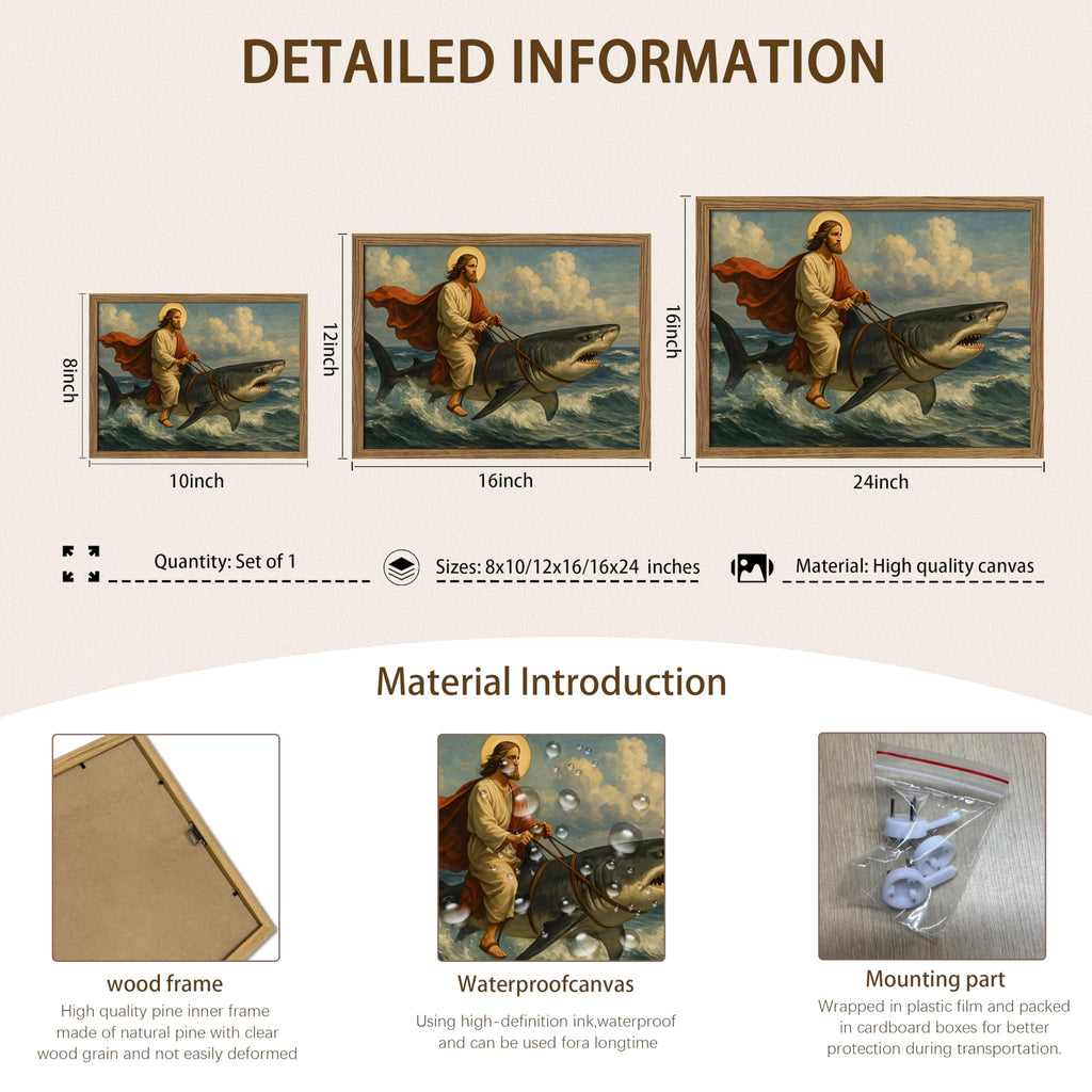 Framed Jesus Riding a Shark Wall Art, Humorous Christian Canvas Print, Fun Jesus Oil Painting, Religious Comedy Wall