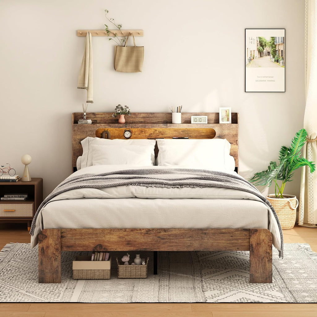 Wooden Queen Bed Frame with Storage Headboard, Farmhouse Platform Bedframe with Charging Station & Led Lights, Sturdy