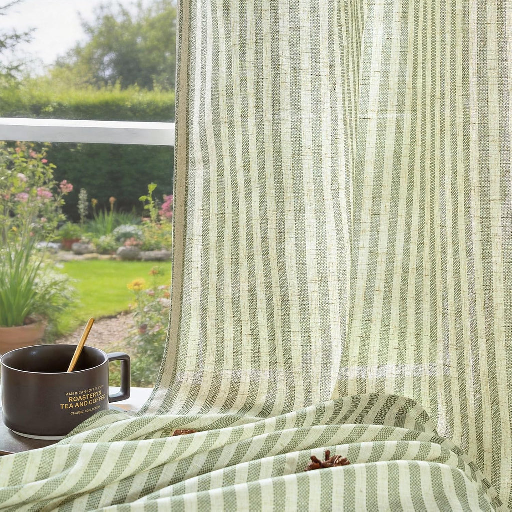 Linen Curtains for Living Room Sage Green on Beige Striped Curtains for Bedroom Ticking Stripe Pattern Light