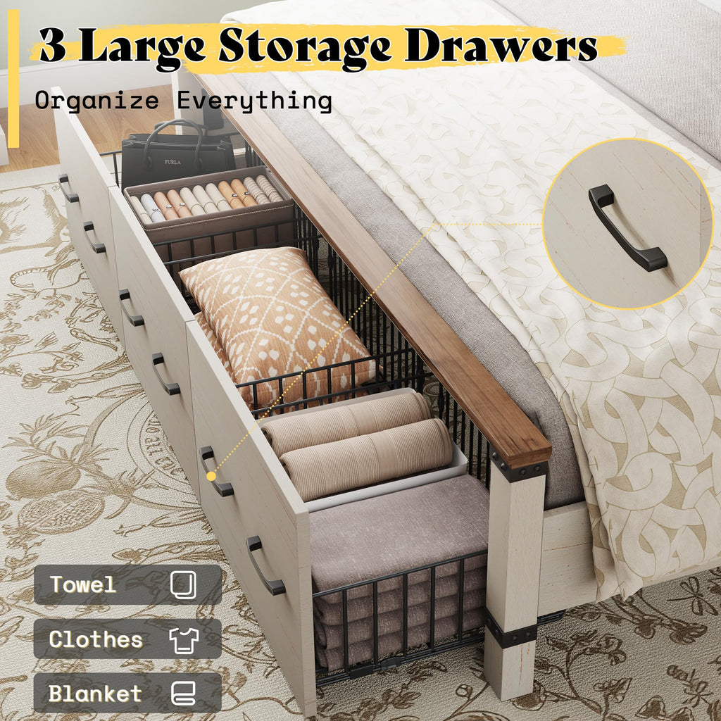 Bed Frame with 51" Headboard & Storage, Rustic White
