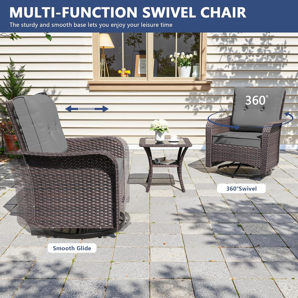 3 Piece Wicker Swivel Rocking Chair Set, Outdoor Patio Glider Chair with Glass Top Coffee Table, Conversation