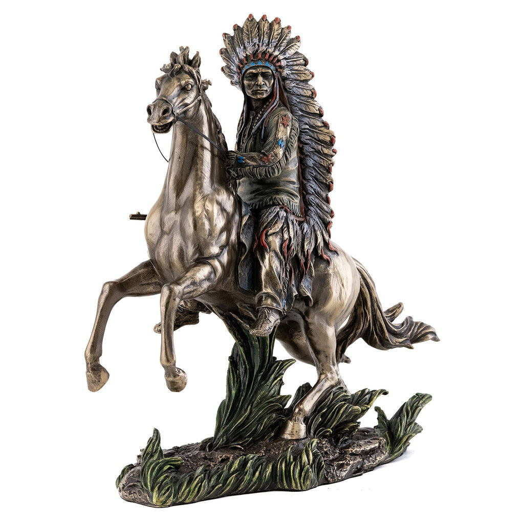 Chief Sitting Bull on Horseback Statue - Native American Sculpture with Beautiful Headdress in Premium Cold Cast