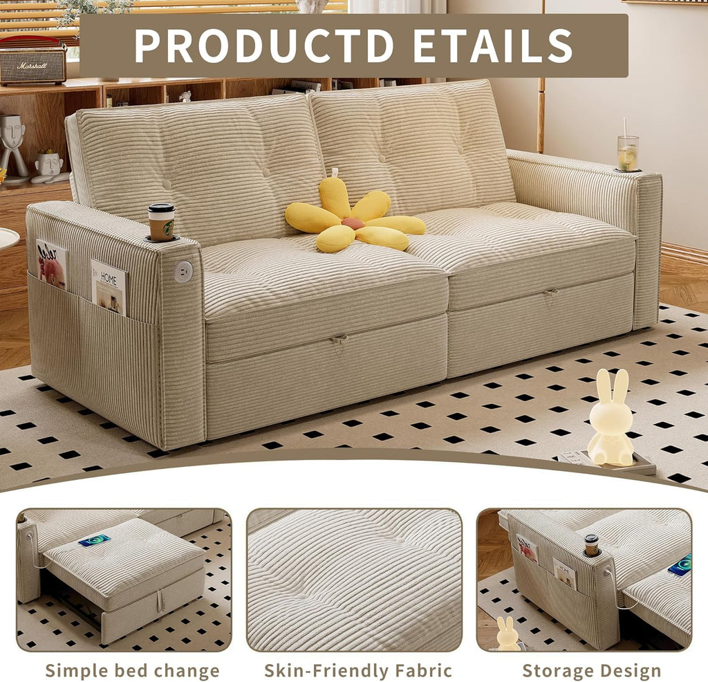 73.2'' Sleeper Sofa Full Size, Pre-Assembled Corduroy Futon, Beige | Convertible Pull Out Couch with Adjustable