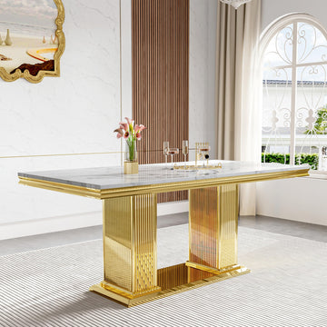 Marble Dining Table for 6 People, 70'' Rectangle Faux Marble Dining Table with Gold Mirrored Finish Stainless Steel