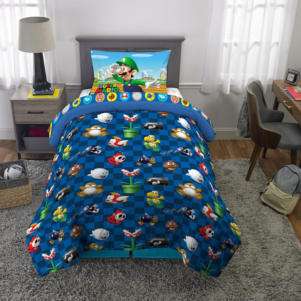 Super Mario Kids Twin Bedding, 4 Piece Super Soft Cozy Reversible Comforter and Sheet Set, (Officially Licensed Product)