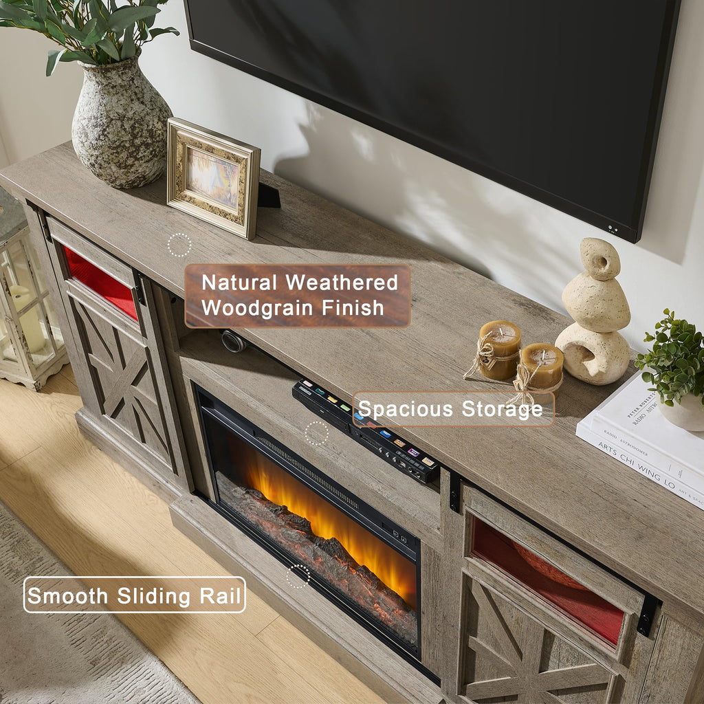 Fireplace TV Stand for up to 80 Inch TVs, 32'' Tall LED Entertainment Center with Electric Fireplace, Farmhouse TV