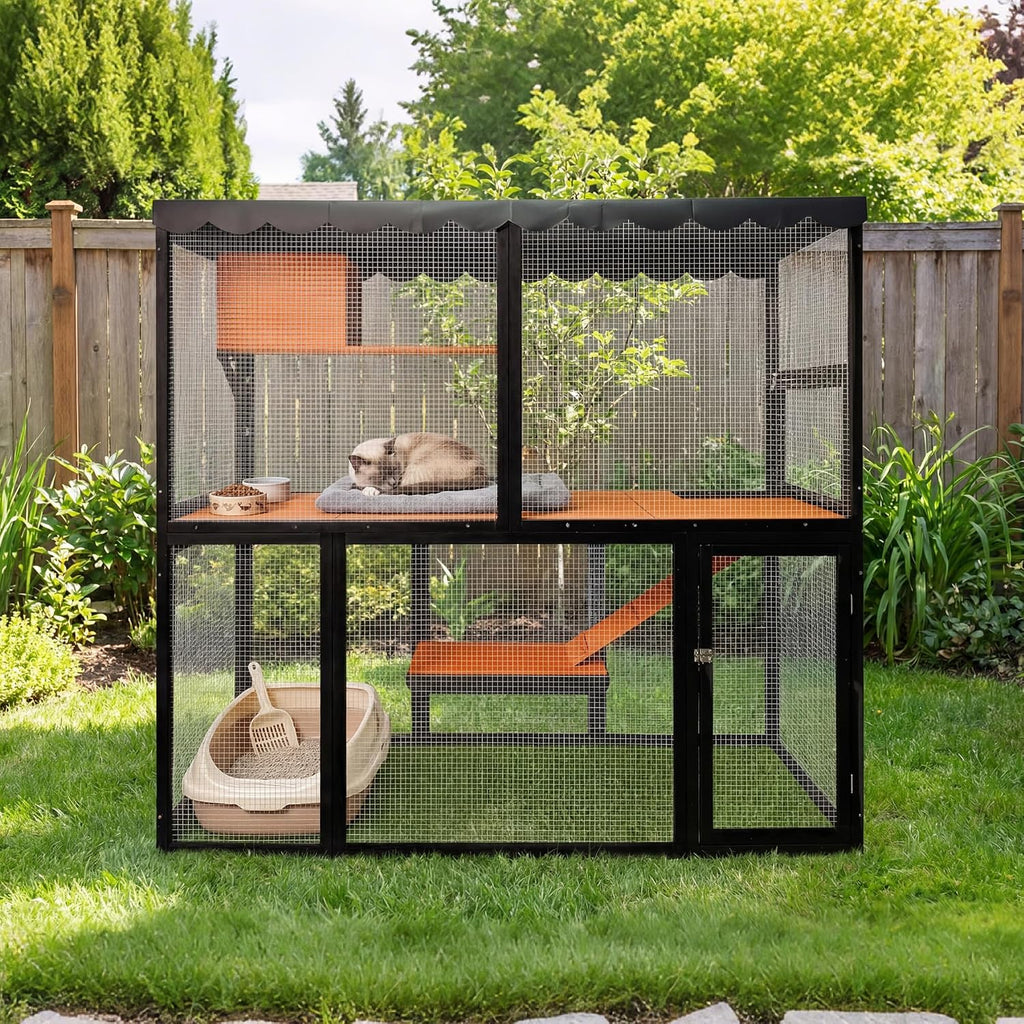 Wooden Catio Outdoor Cat Enclosure, 4-Tier Large Cat House for Multiple Cats with Waterproof Cover and Ramp, Indoor