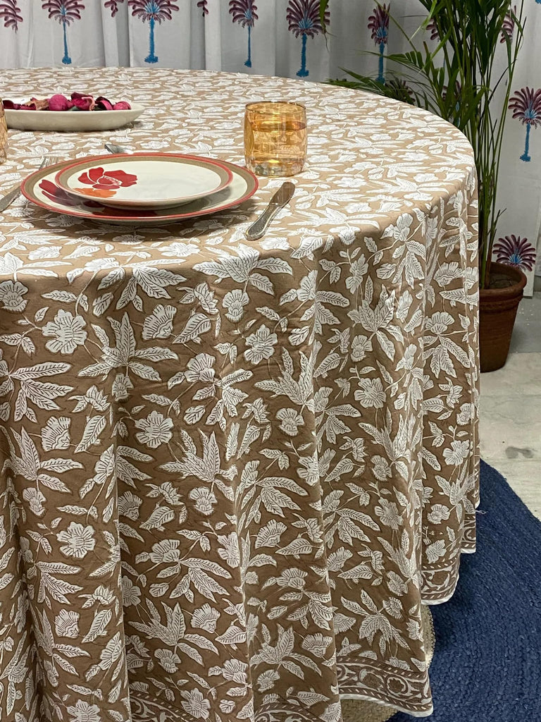 Hand Block Print Round Tablecloth Oak Brown 90 Inch 100% Cotton