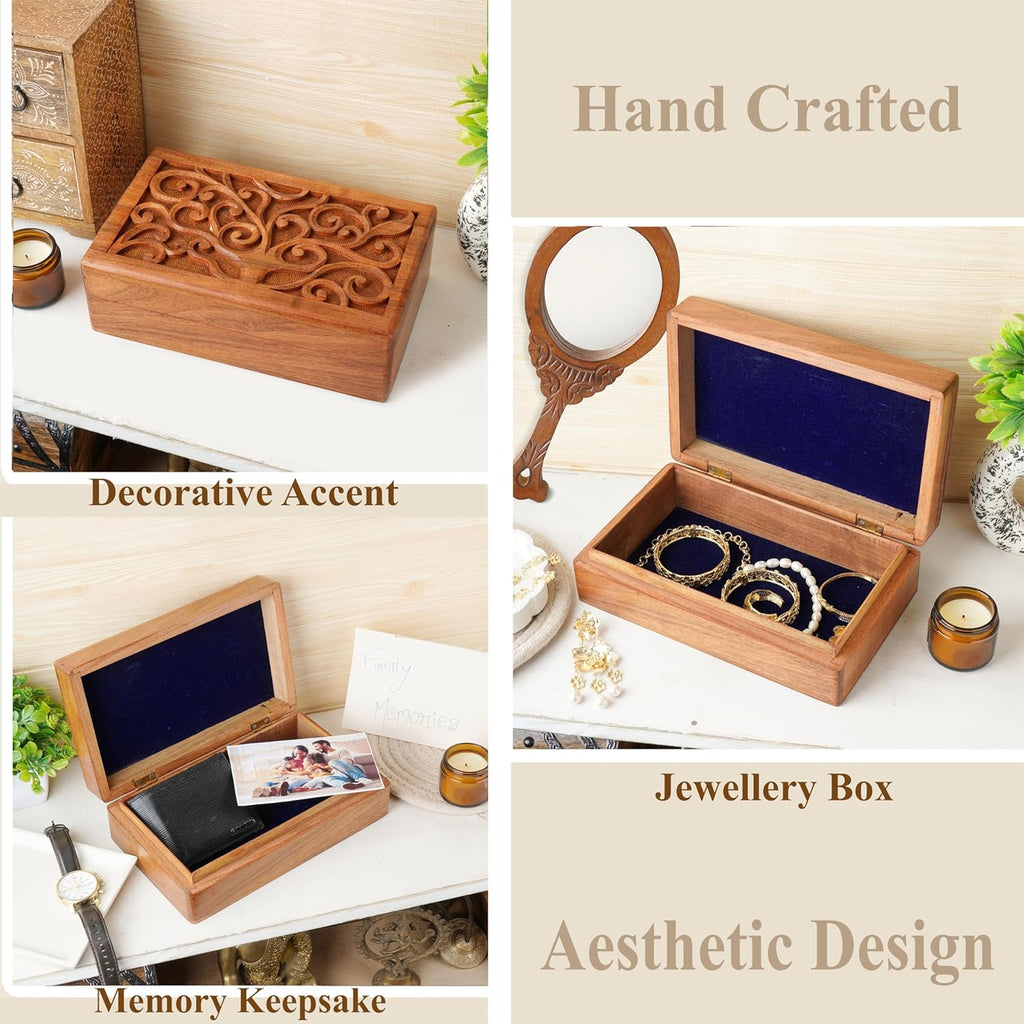 Hand Carved Wooden Jewelry Box Vintage Keepsake Trinket Chest