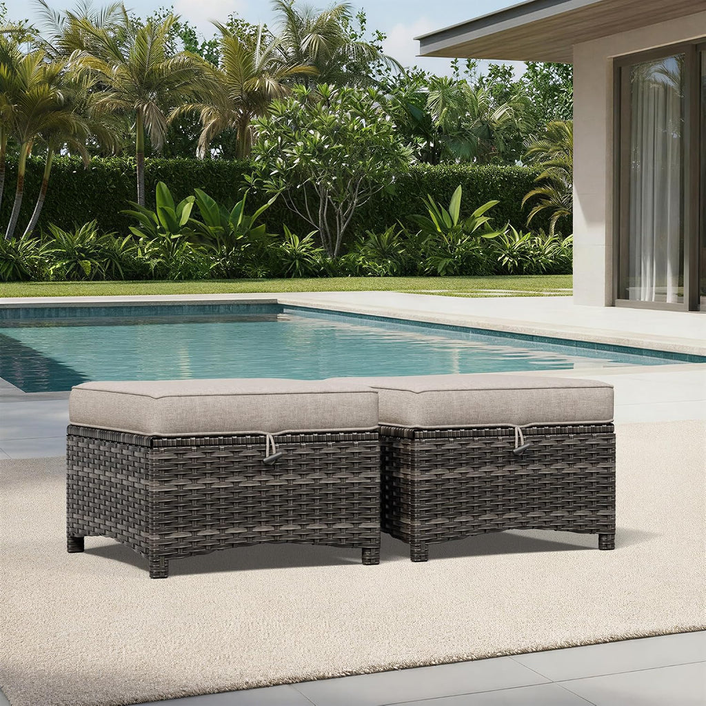 Outdoor Ottoman Set of 2, Patio Large Ottoman Foot Rest with Thickened Cushions, Outdoor Wicker Foot Stool for Porch