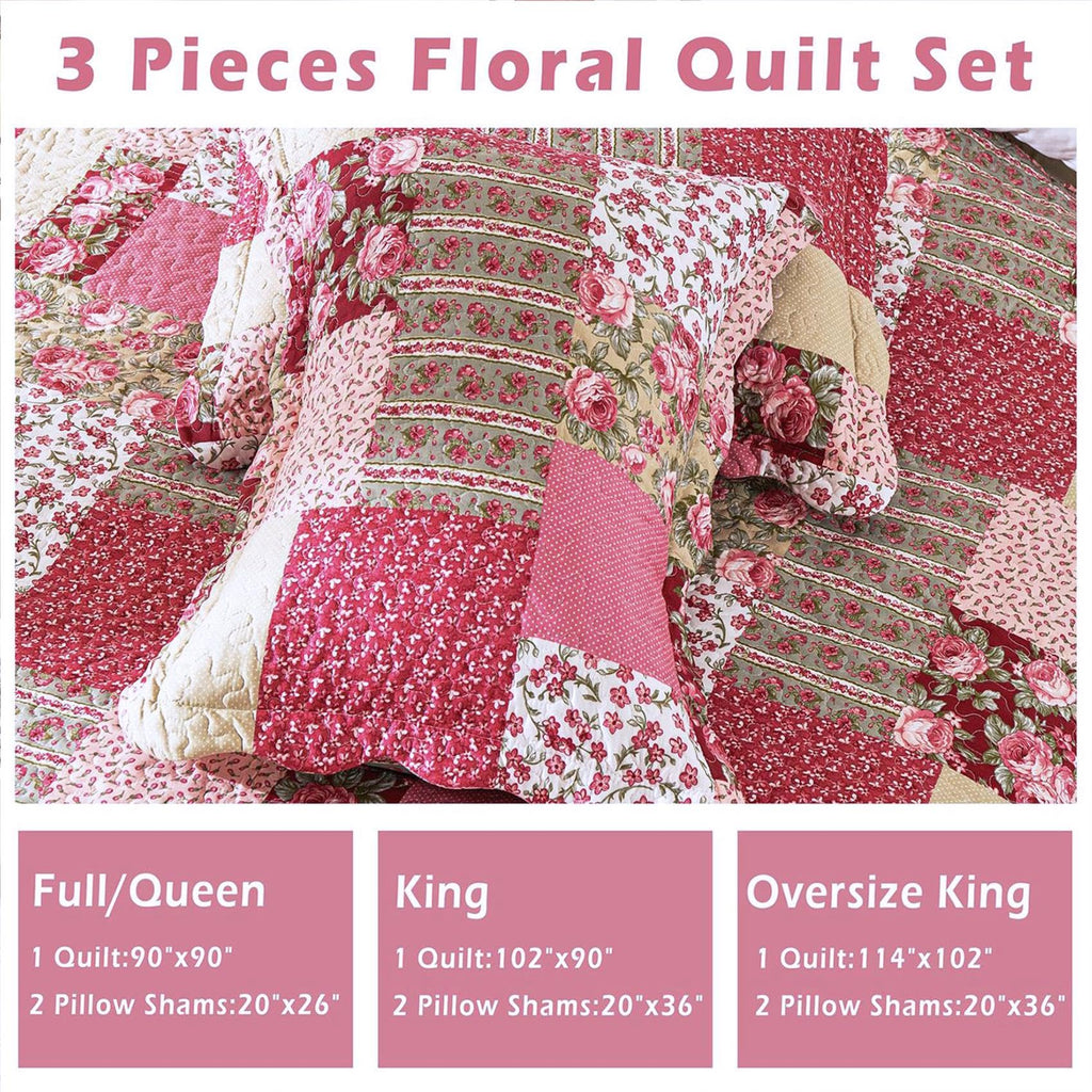 Romantic Patchwork Quilt Set Oversized King Size, Reversible Bedspread Coverlet 3-Piece, Floral Bed Cover Set with