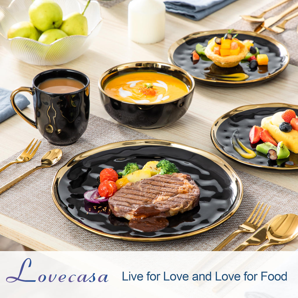 16 Pieces Plates and Bowls Sets, Porcelain Black and Gold Dinnerware Sets, Round Dinner Plates Dishes Set Service for