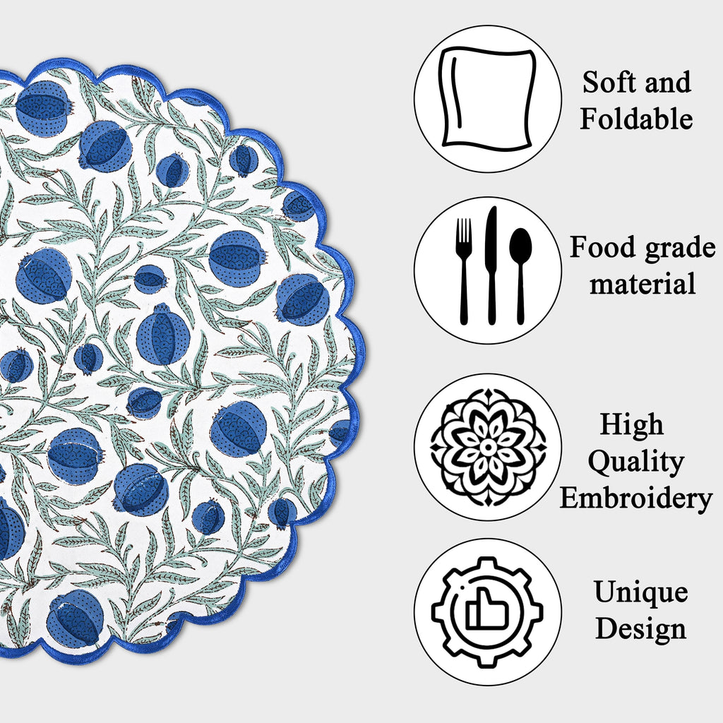 Floral Block Print Round Placemats 15 Inch, Set of 4, Queen Blue