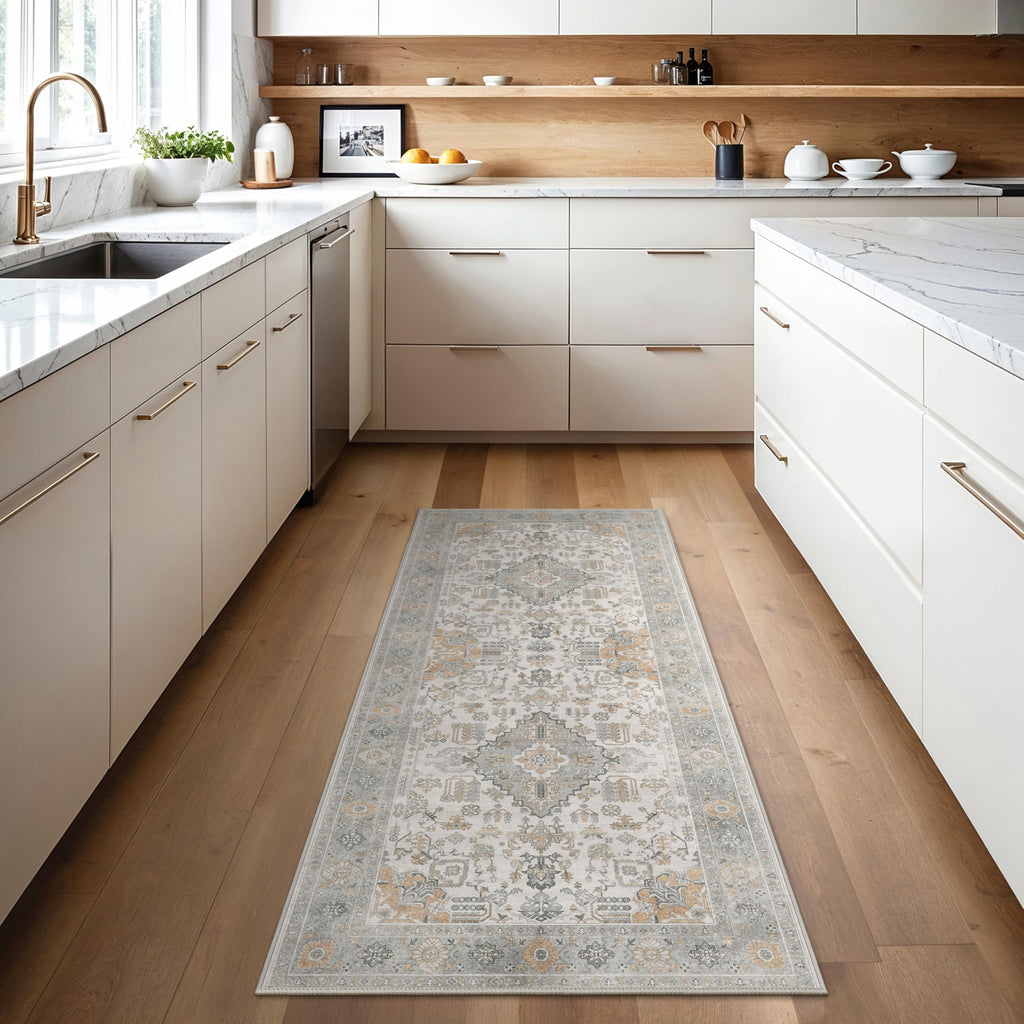 2x5 Washable Runner Rug, Vintage Grey Rug with Non-Slip Backing, Oriental Distressed Print Indoor Kitchen Runner
