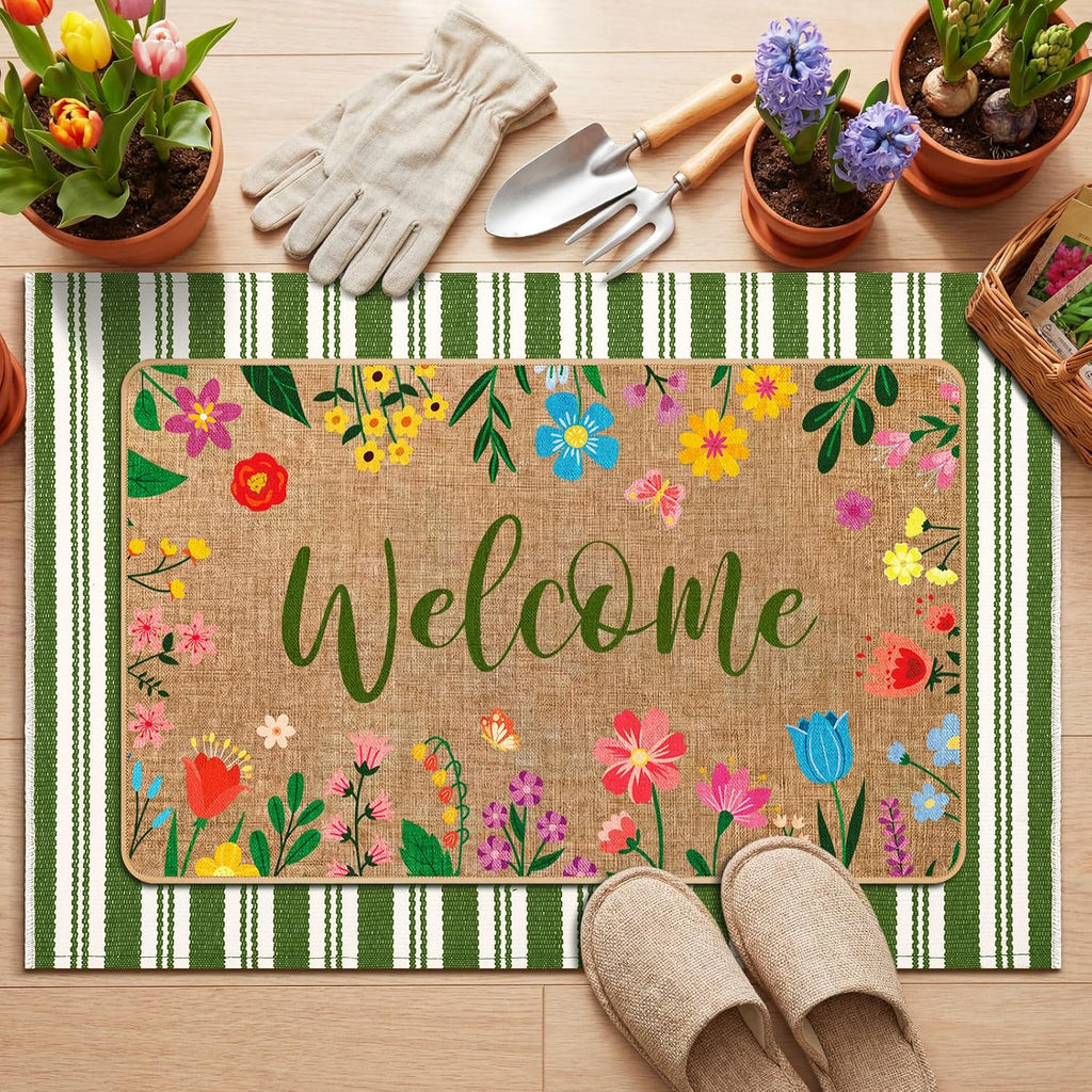 2 Pcs Summer Floral Door Mat Outdoor Wildflower Welcome Doormat for Front Door Linen Rubber Layered Flower Stripes