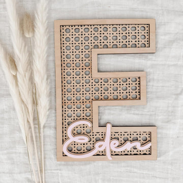 Boho Wood Personalized Initial & Name Sign - Rattan Wall Decor or Child's Bedroom - Baby Shower Present or Newborn