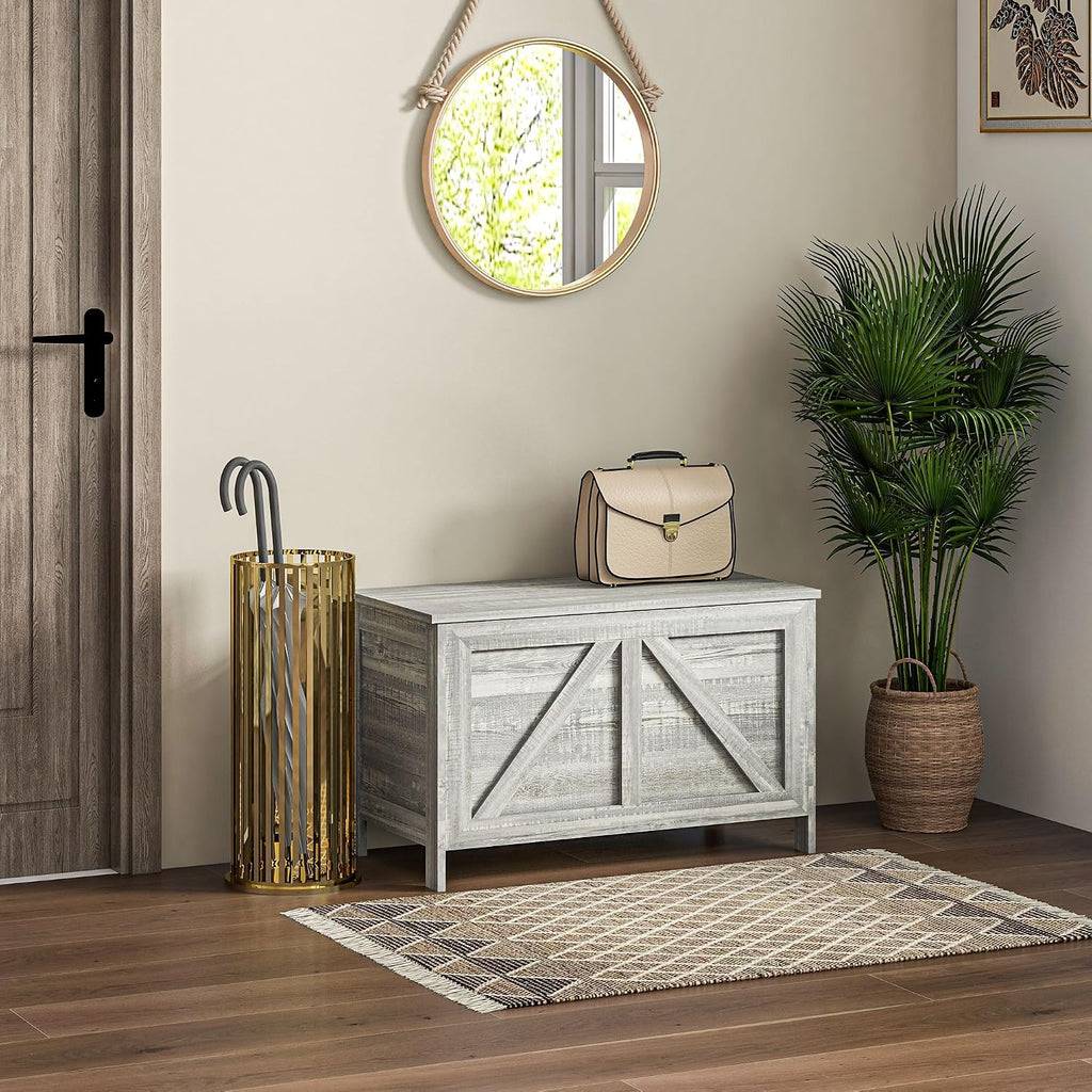 30" Farmhouse Storage Bench Lift Top Storage Chest in Light Gray | Safety Hinge, Open Up 100°, Wooden Trunk, Bedroom