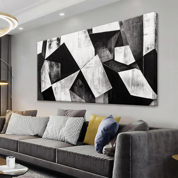 Large Abstract Wall Art Black And White Wall Art Geometric Color Block Line Painting Artwork Canvas Art Wall Decor