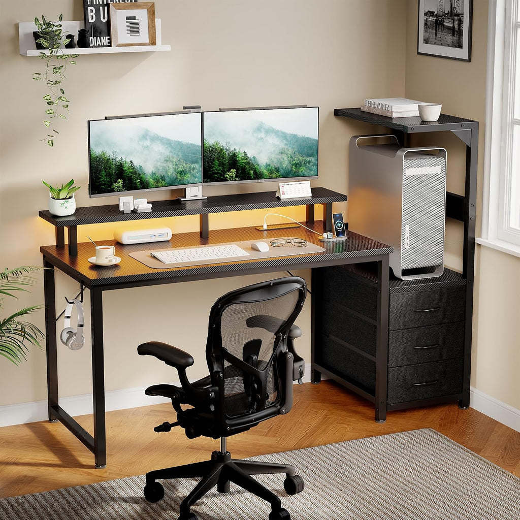 52" Reversible Gaming Desk with LED Lights Power Outlets, Black | Computer Desk with Drawers Can be Used to Store