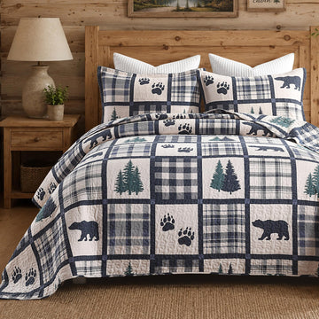100% Cotton Cabin Plaid Quilt Set Lightweight Bear/Navy/Green