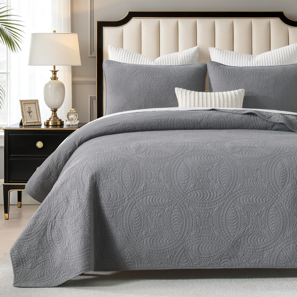 Cotton Quilt Set, 3-Piece Coin Pattern Bedspread, Lightweight Pre-Washed Coverlet, Solid Modern
