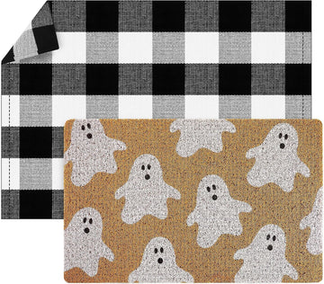 2 Pcs Halloween Fall Welcome Mat Buffalo Plaid Porch Decor | Ghost Layered Design, Non-slip Rug for Front Door