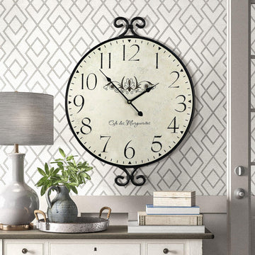 24 Inch Large Farmhouse Wall Clock, Wrought Iron Frame with Warm Gray Finish, Silent Battery Operated Wall Clock