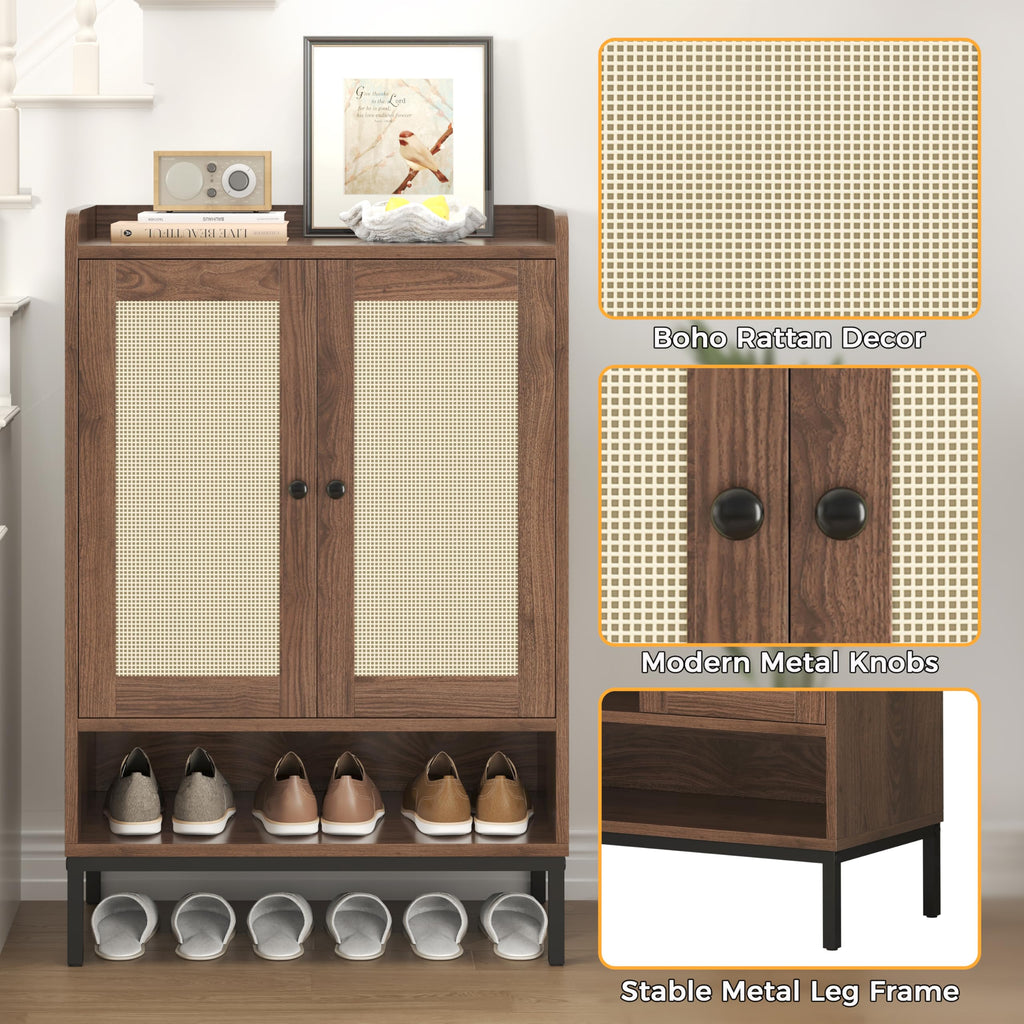 Shoe Cabinet, Rattan Shoe Rack Organizer with Doors