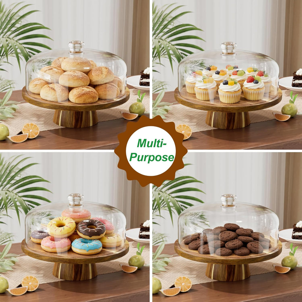 12 Inch Acacia Wood Cake Stand with Lid, 2-in-1 Wooden Cake Plate with Dome & Charcuterie Board, Round Cake Holder