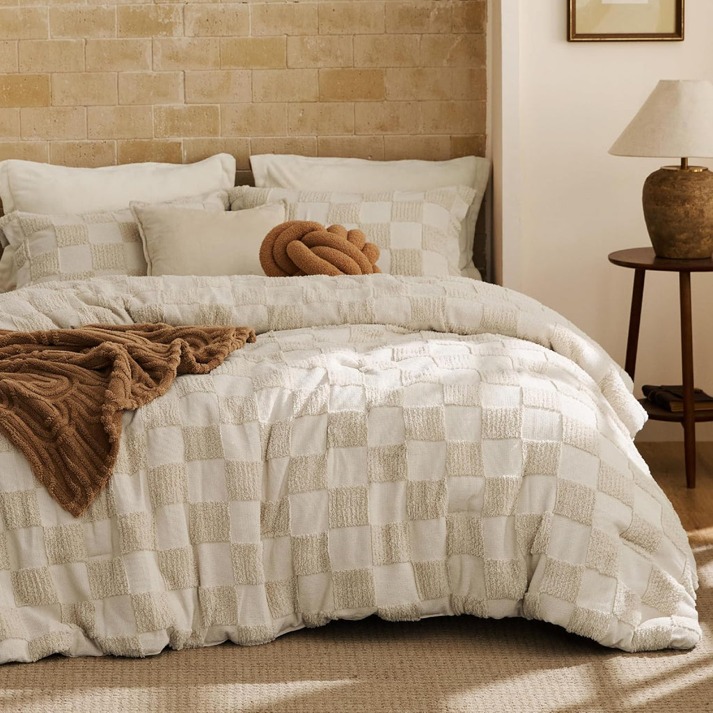 Queen Comforter Set Beige, Boho Tufted Bed Set, Checkered Farmhouse Shabby Chic Bedding, 3 Pieces