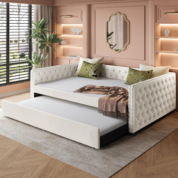 Full Size Upholstered Daybed, Tufted Sofa Bed Frame with Trundle, Corner Day Beds Full and Guest Room, No Box Spring
