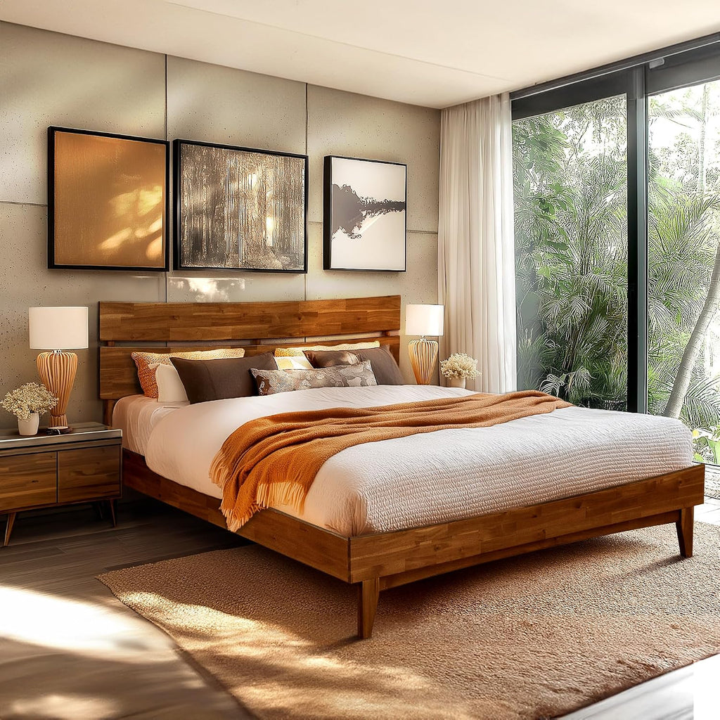 Aurora Solid Wood King Platform Bed Frame with Headboard, Walnut