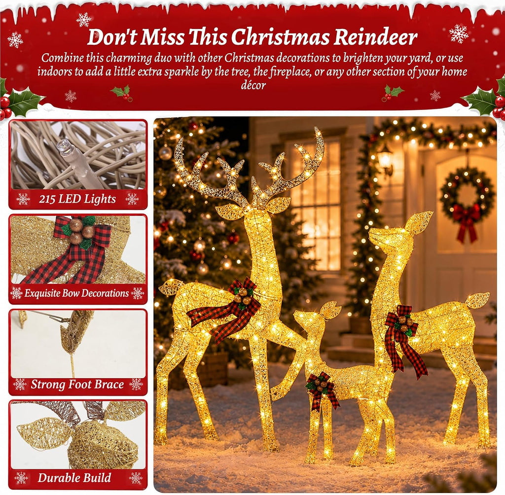 4.83FT 3-Piece Large Lighted Christmas Deer Family Set Gold