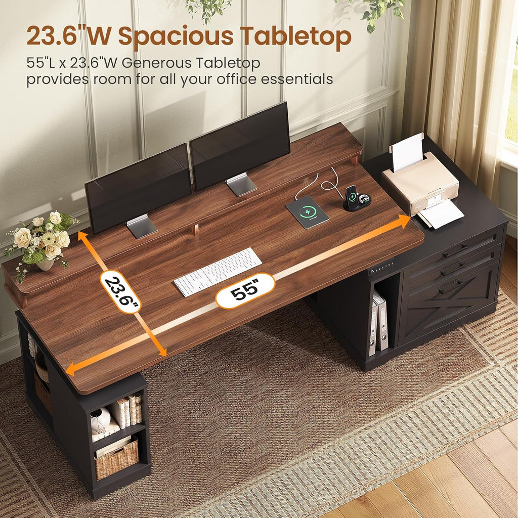 Farmhouse Electric Standing Desk with 3 Drawers and File Cabinet | 55" Height Adjustable Computer Desk with Storage